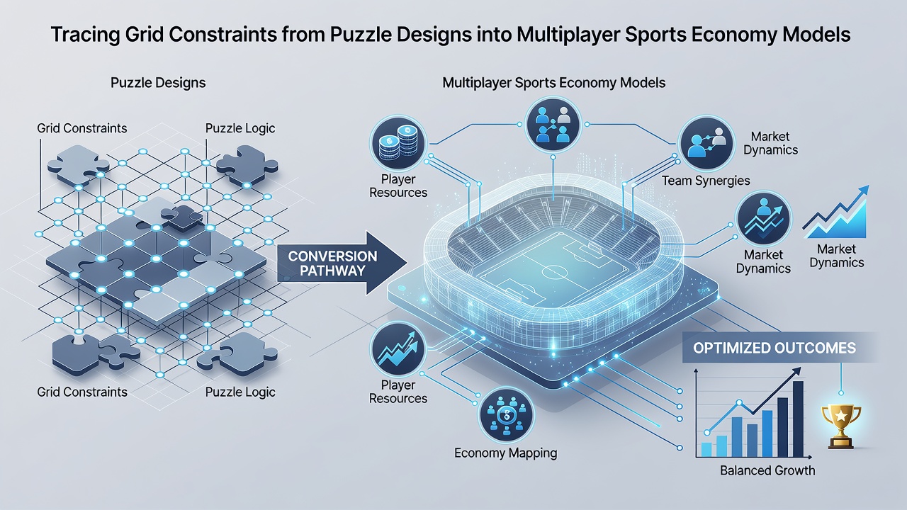 Diagram over økonomiske flows i multiplayer sports der følger gitterbegrænsninger fra puslespil